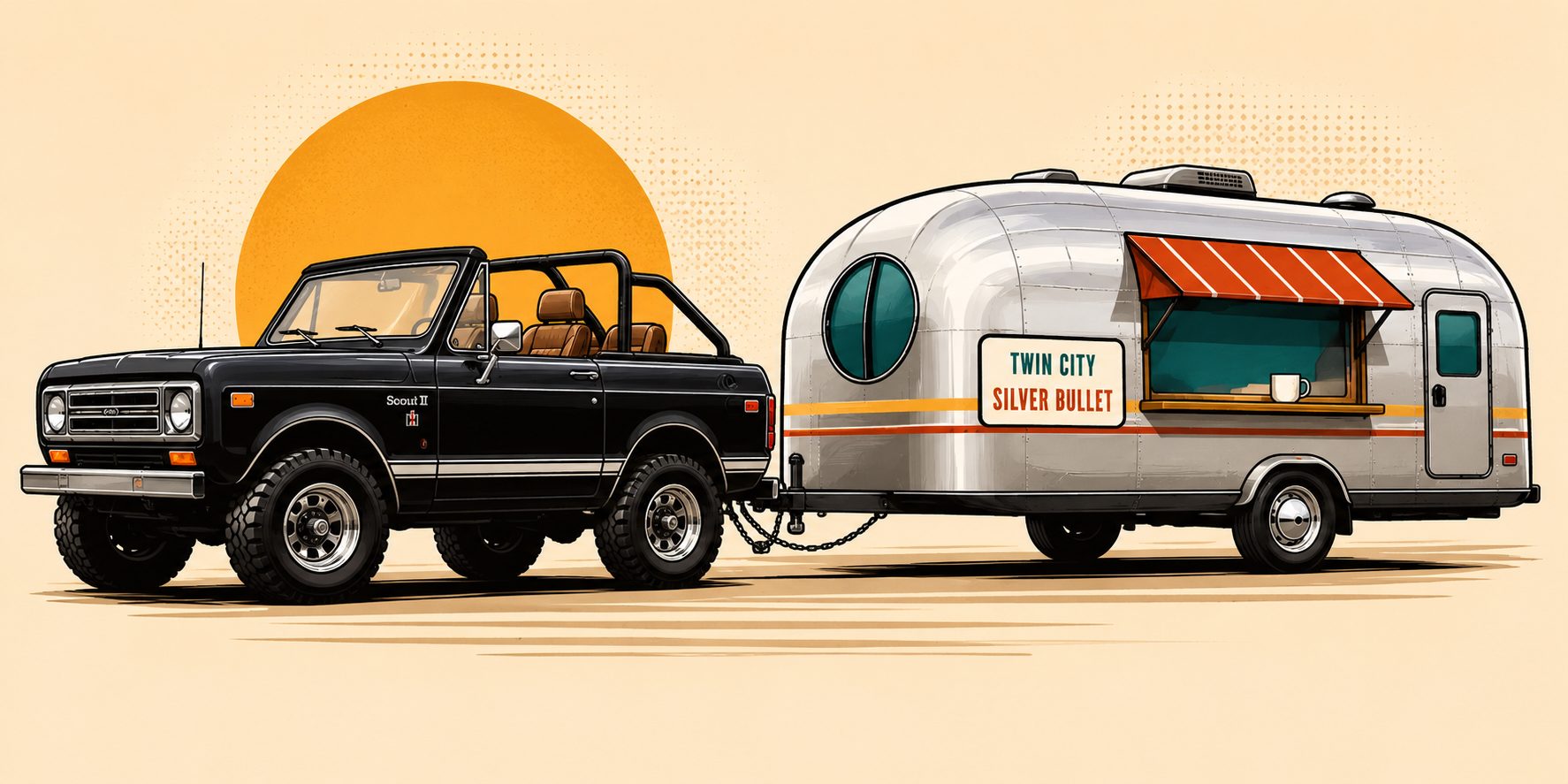 A black 1979 International Scout II towing the Twin City Silver Bullet, a polished 1967 Airstream Overlander coffee and ice cream trailer, at sunrise.